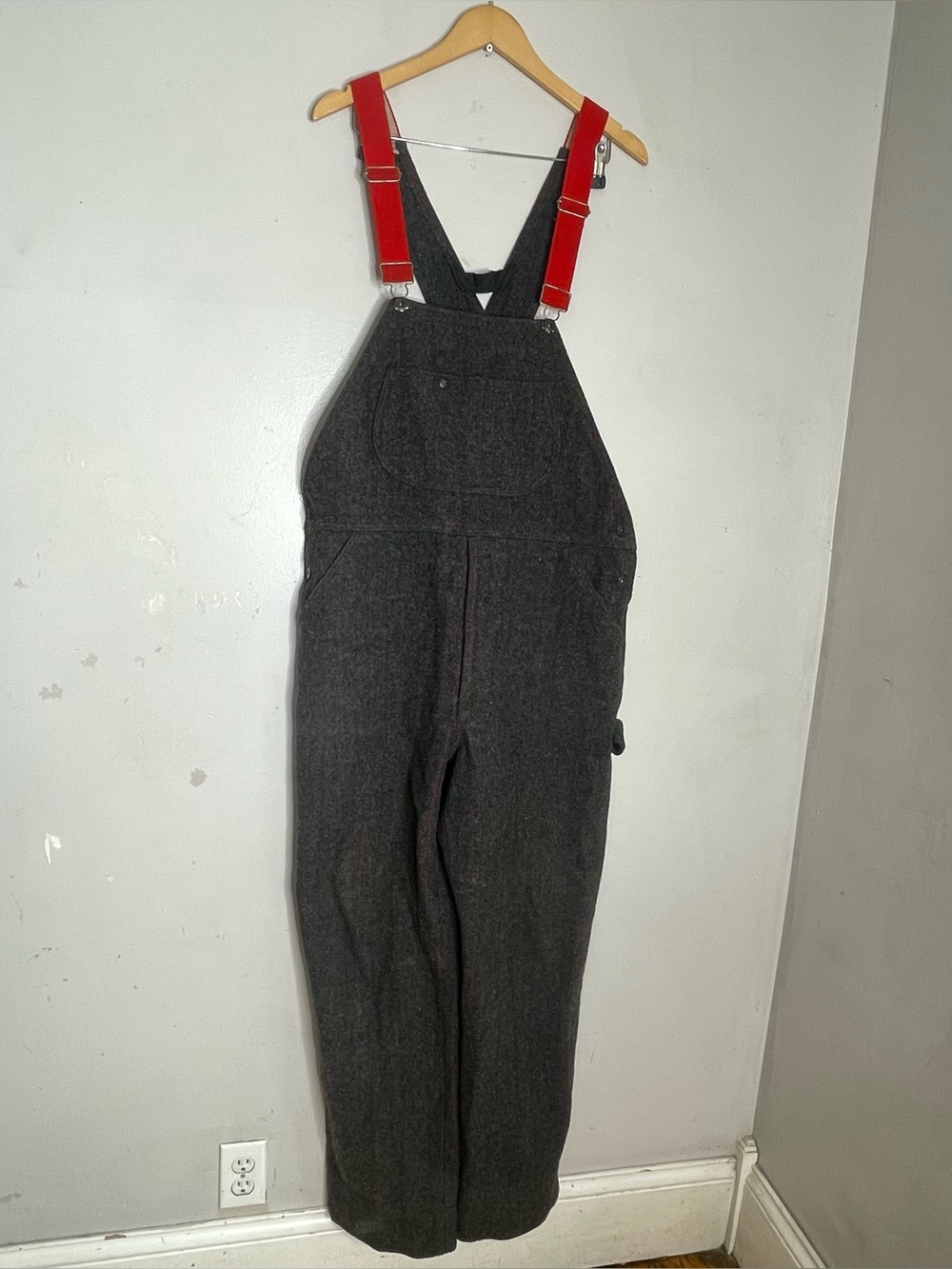 Woolrich Sz Medium Vintage 1994‎ Malone Grey Wool Bib Overalls with Red Straps